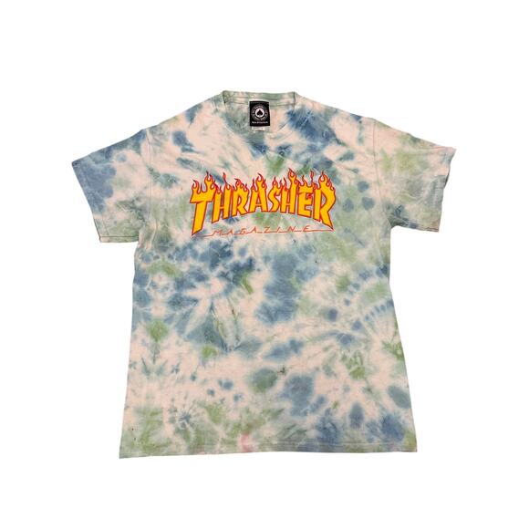 Thrasher Tie Dye stained thrashed Medium casual shirt blue green skater punk - Picture 1 of 5